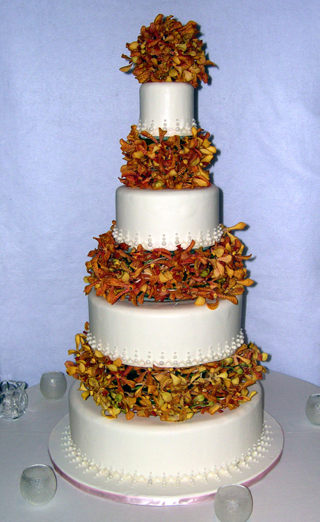 Wedding Cake with Autumn Orchids and Pearls