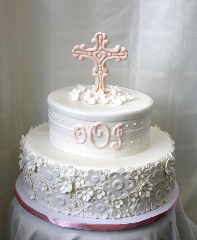 Communion Cake with Pink Cross and White Blossoms