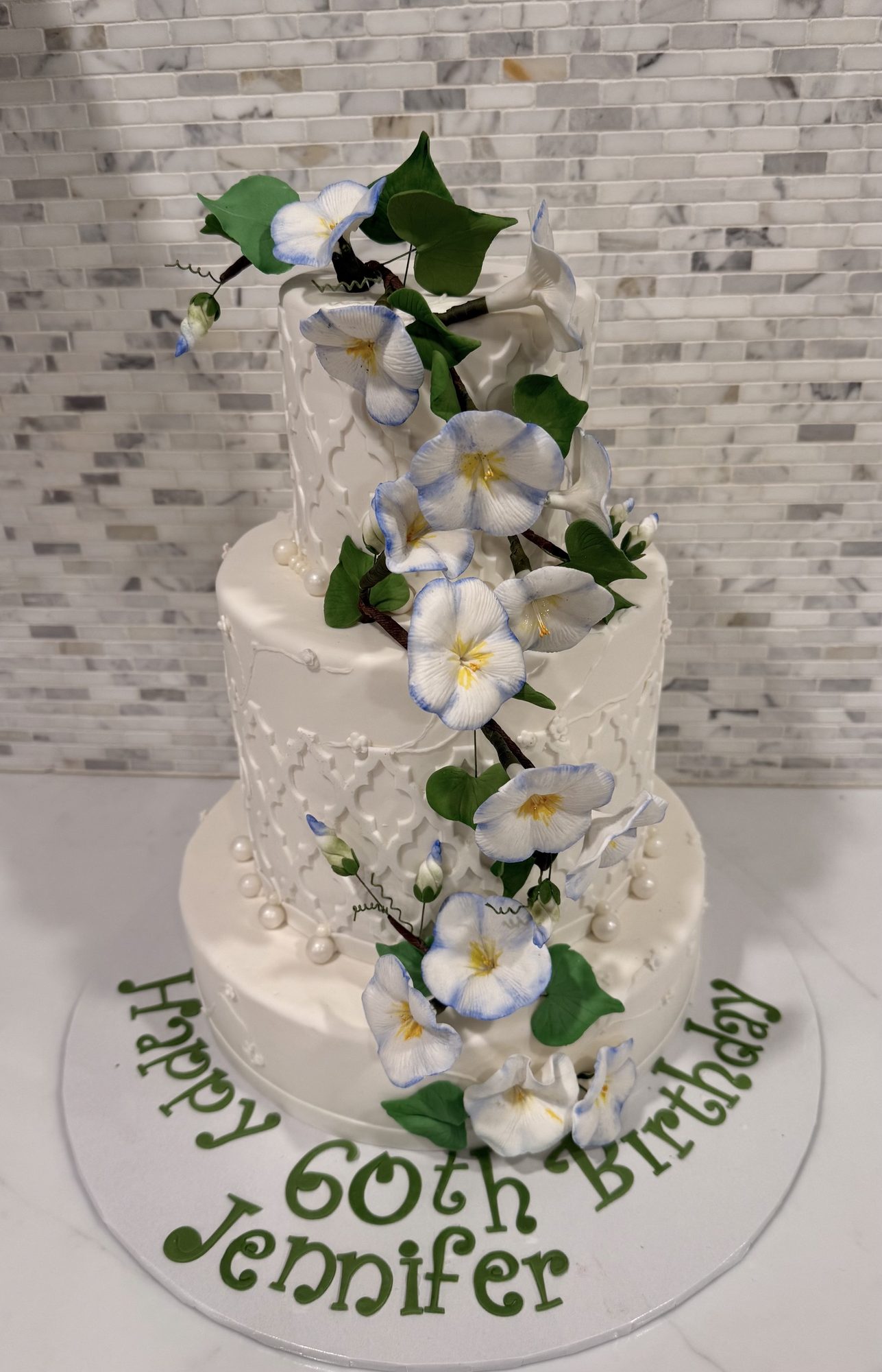 60th birthday cake with sugar morning glories