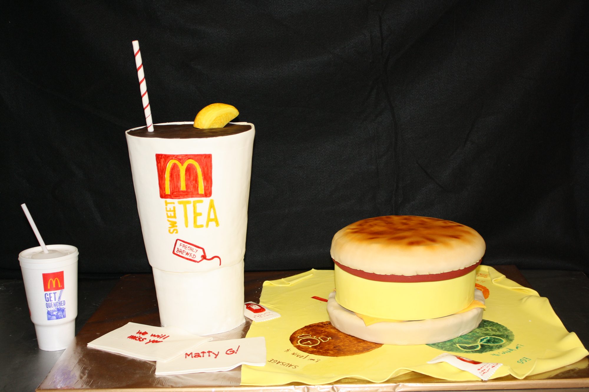 McDonald's sweet tea and breakfast sandwich cakes