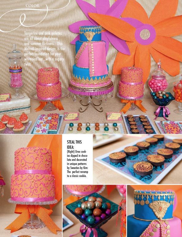 Magazine feature of a colorful dessert table