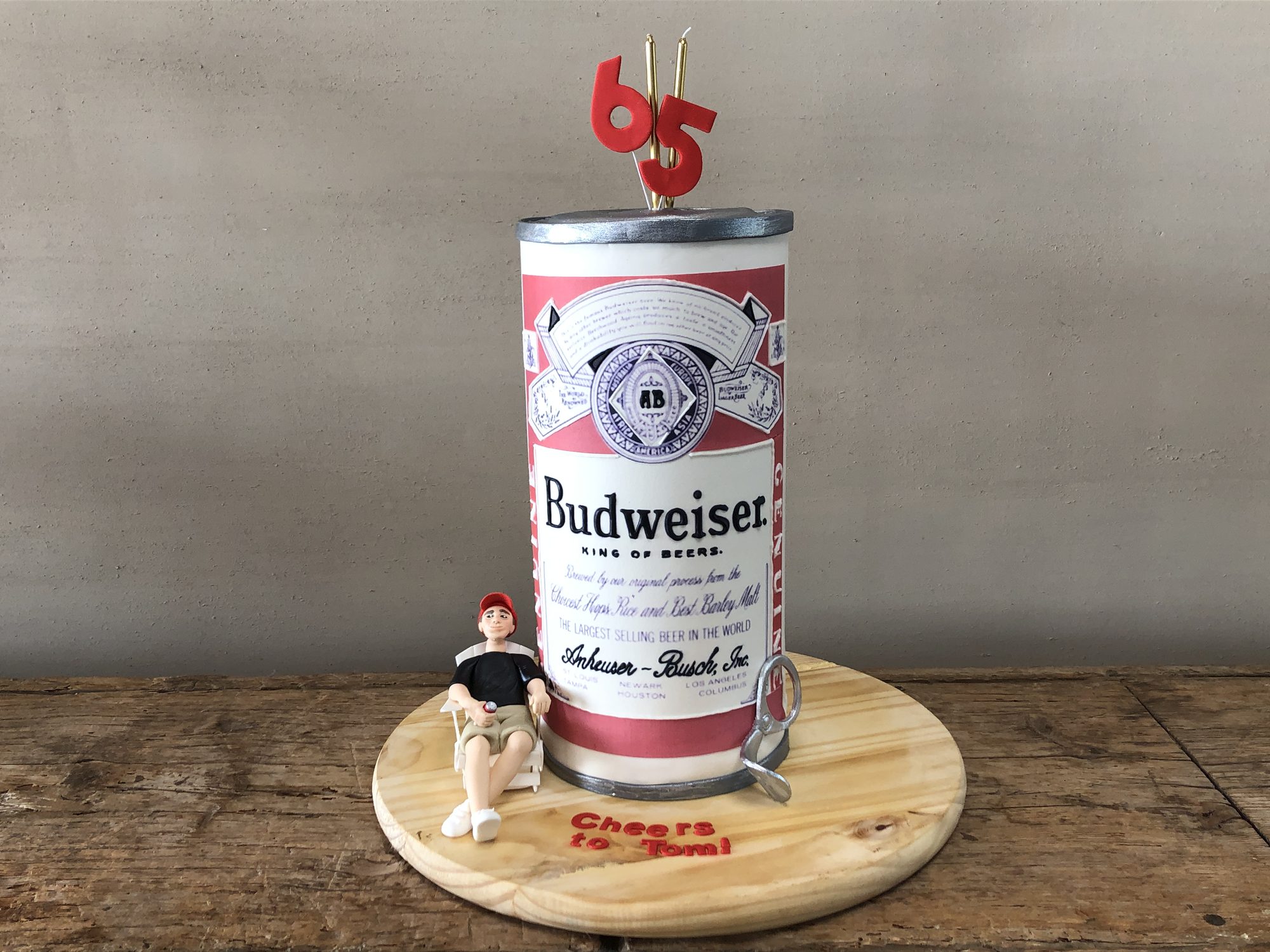 Sculpted Budweiser can 65th birthday cake