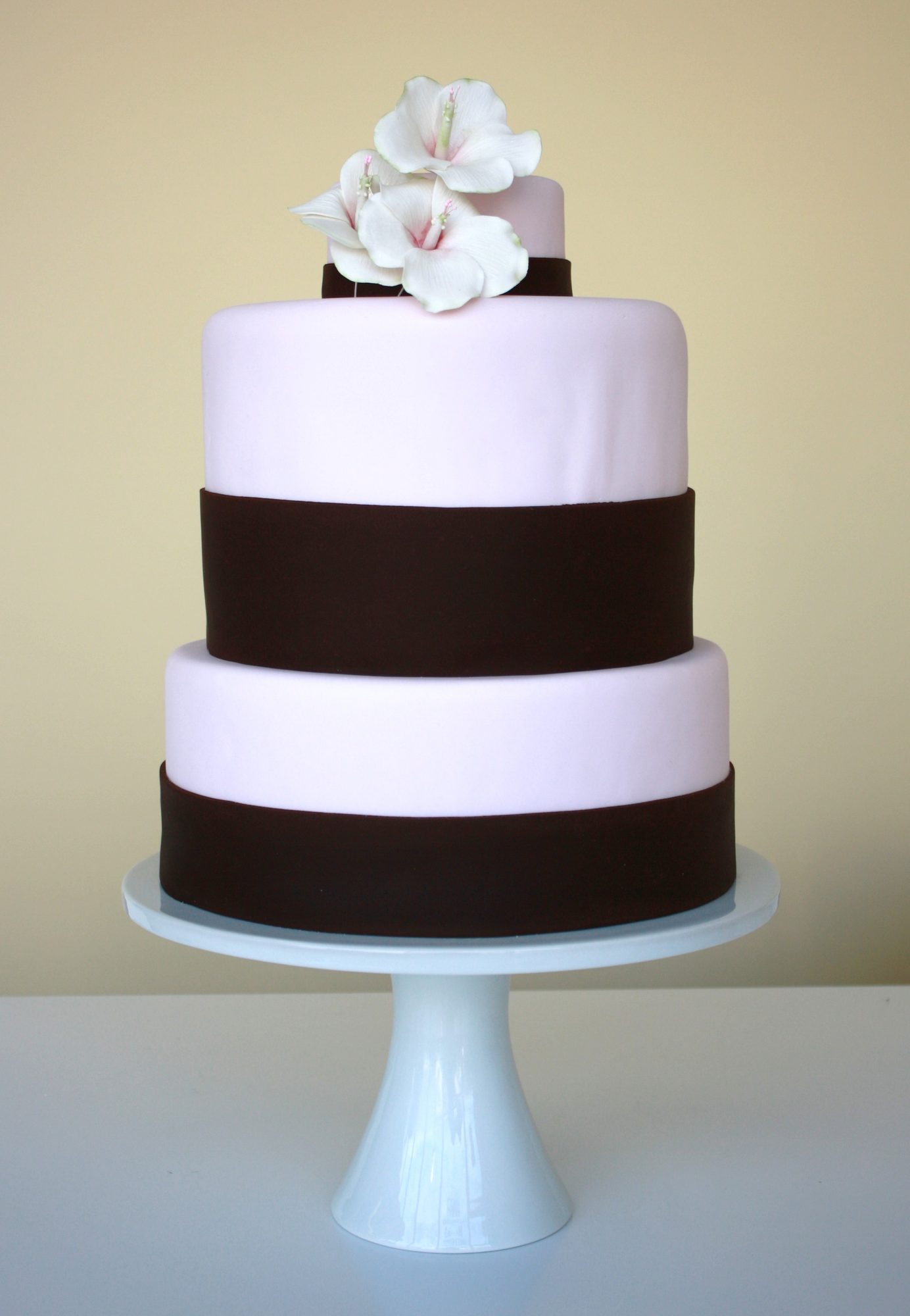 Two-tier wedding cake with chocolate bands and sugar flowers