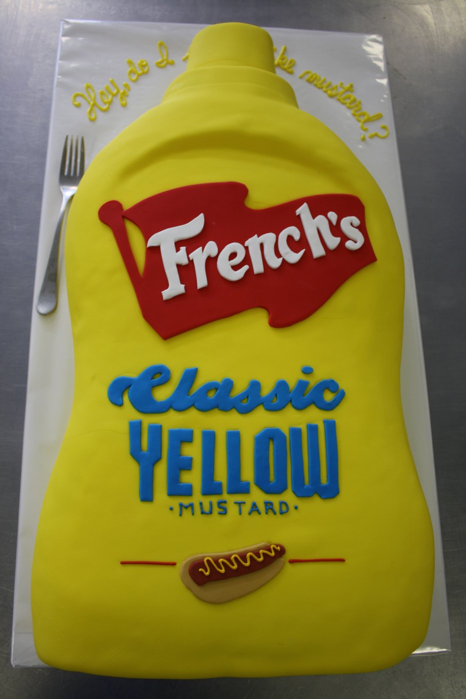 Sculpted French's mustard bottle cake